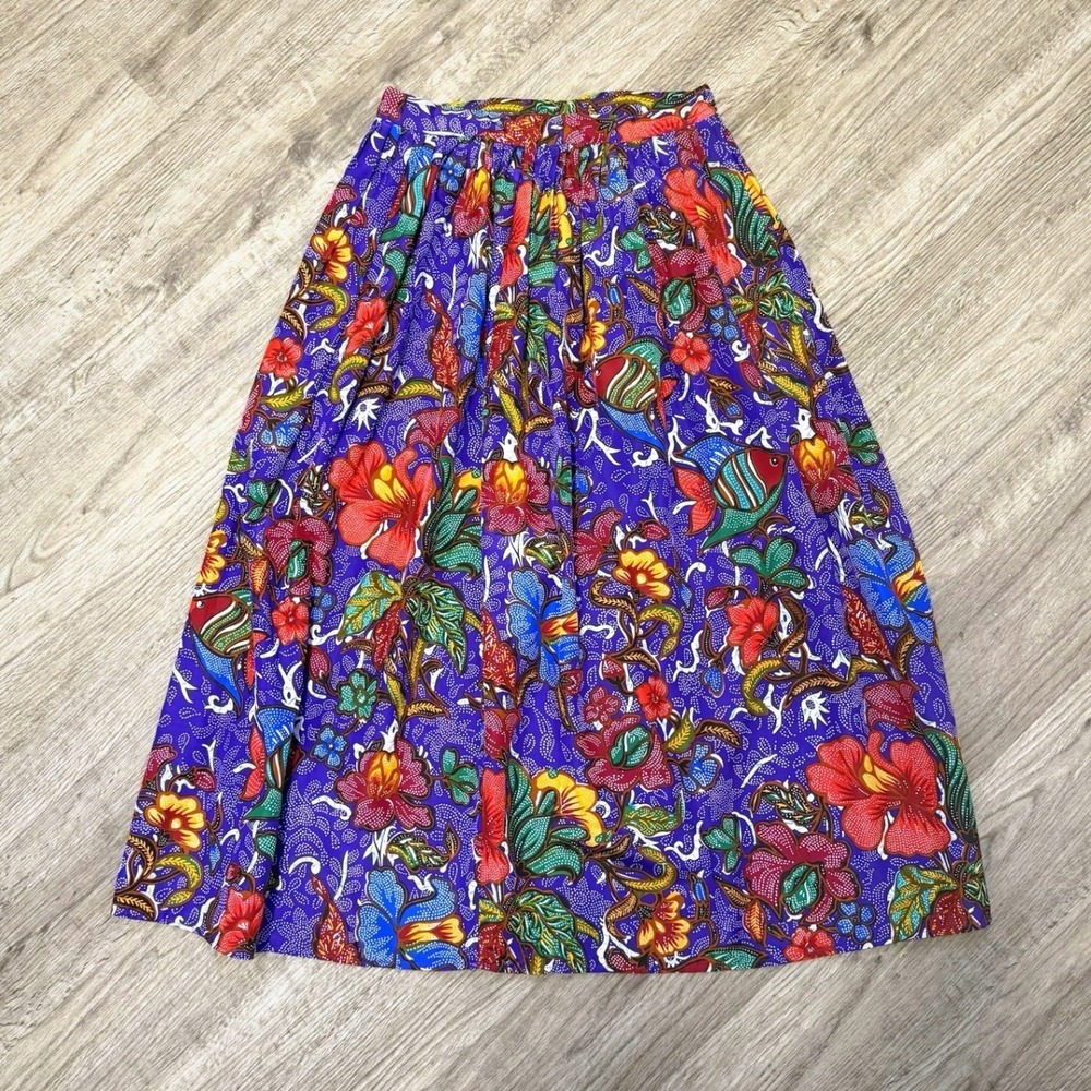 Vintage Avon Fashions Tropical Floral Fish Batik Midi Skirt Purple Boho 11/12